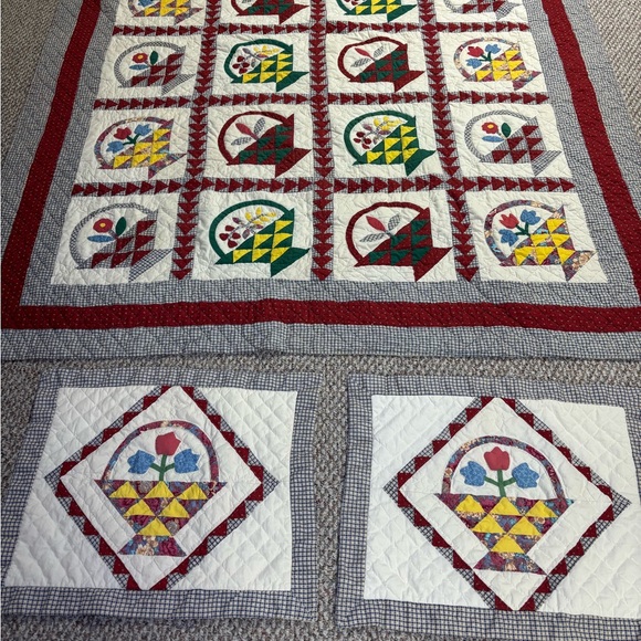 Vintage Patchwork Quilt Flower Basket With Shams 78x79 Appliqué Quilted - Picture 2 of 16